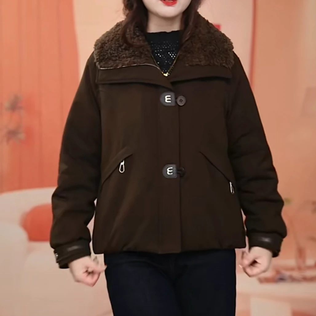 依岚【HT-2575】2025年新款秋冬款妈妈保暖时尚气质款毛领棉外套女