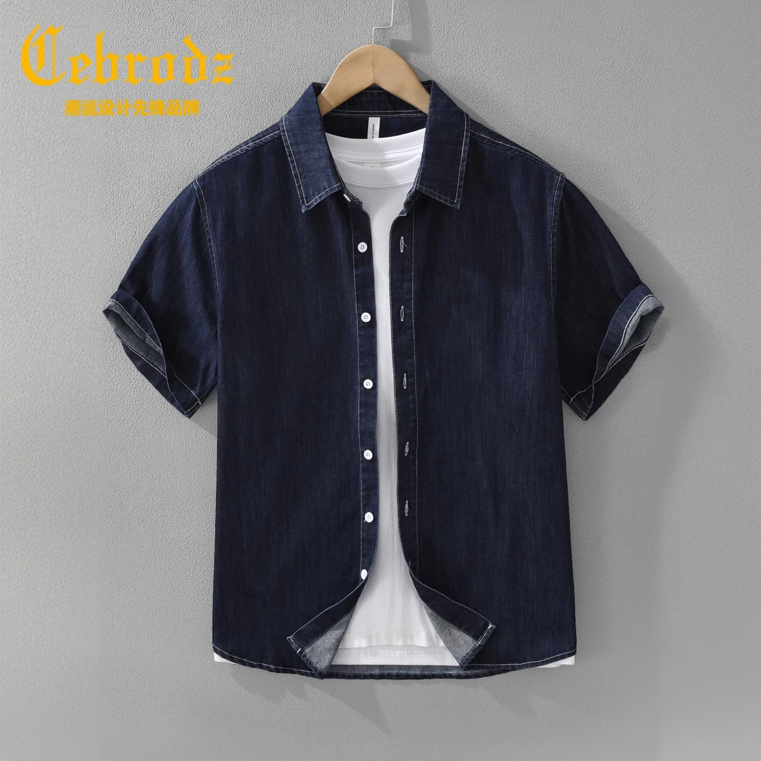 法国Cebrodz日系文艺短袖牛仔衬衫男款夏季薄款休闲宽松工装衬衣
