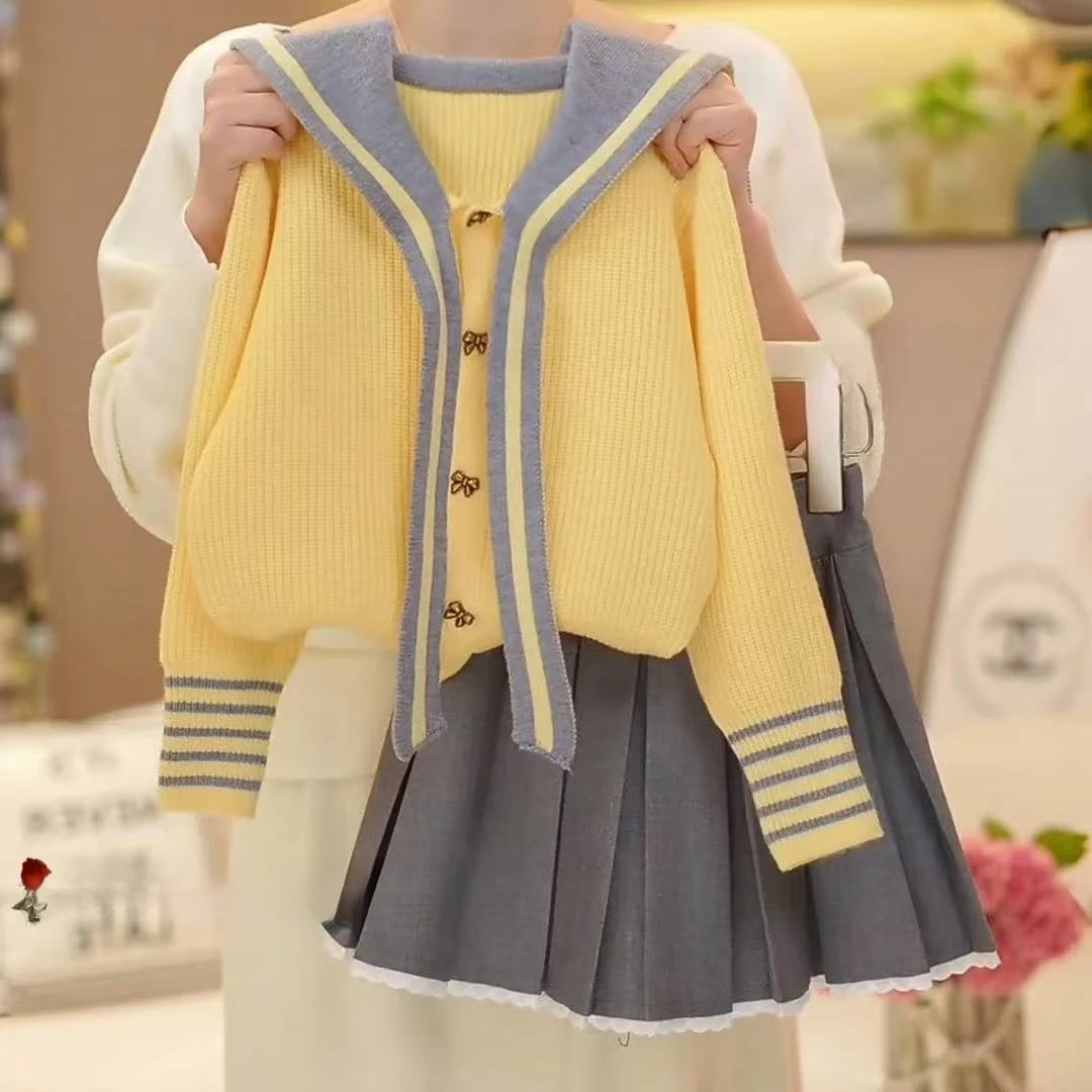 2025春上新款02韩系学院风海军领针织衫上衣高腰百褶半身裙两件套