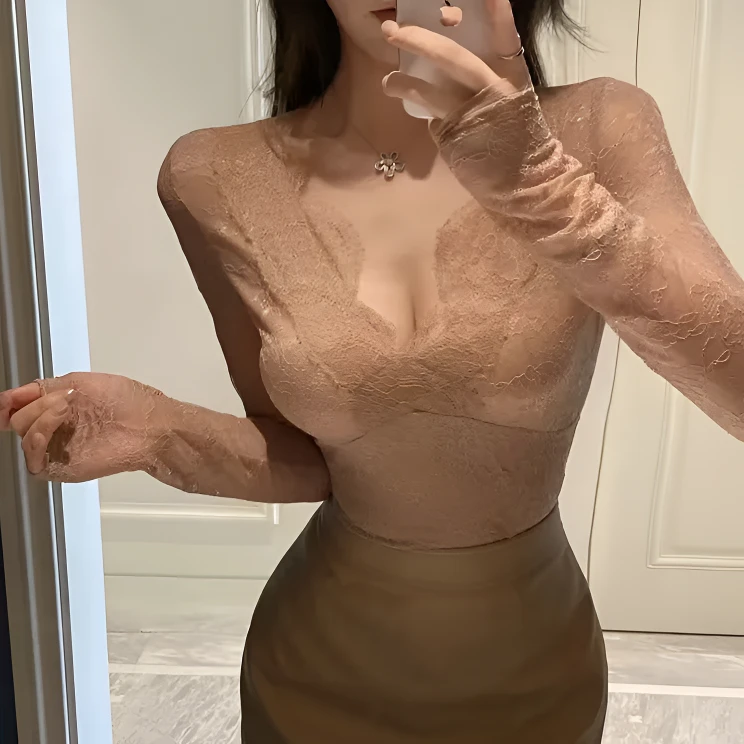 性感微透睫毛花边蕾丝长袖V领上衣女纯欲辣妹性感低胸显瘦气质