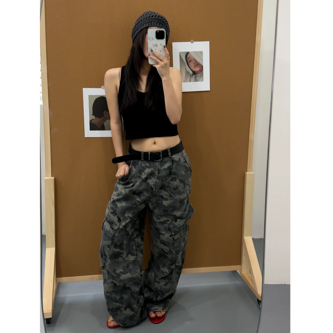 【清】2025秋季韩版复古口袋装饰迷彩工装牛仔裤女（配腰带)  20252