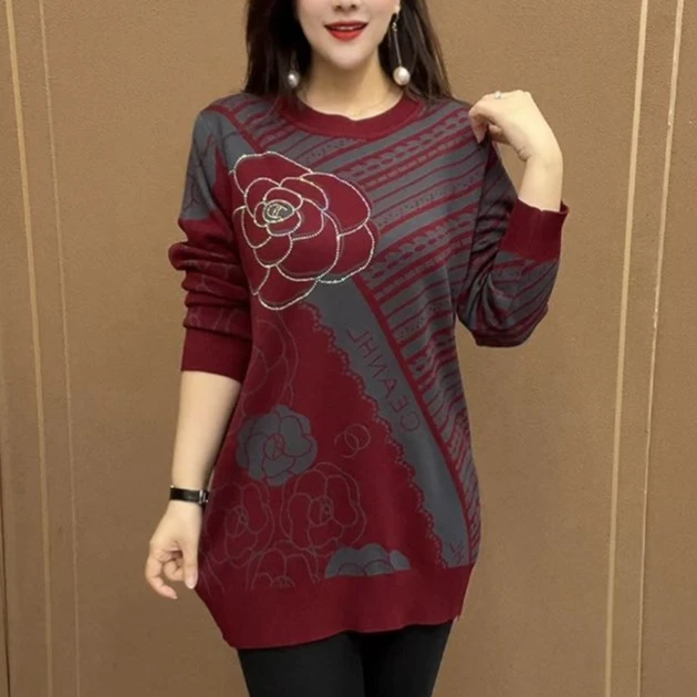 春秋高档百搭洋气新款圆领针织上衣中老年妈妈显瘦减龄中长款毛衣