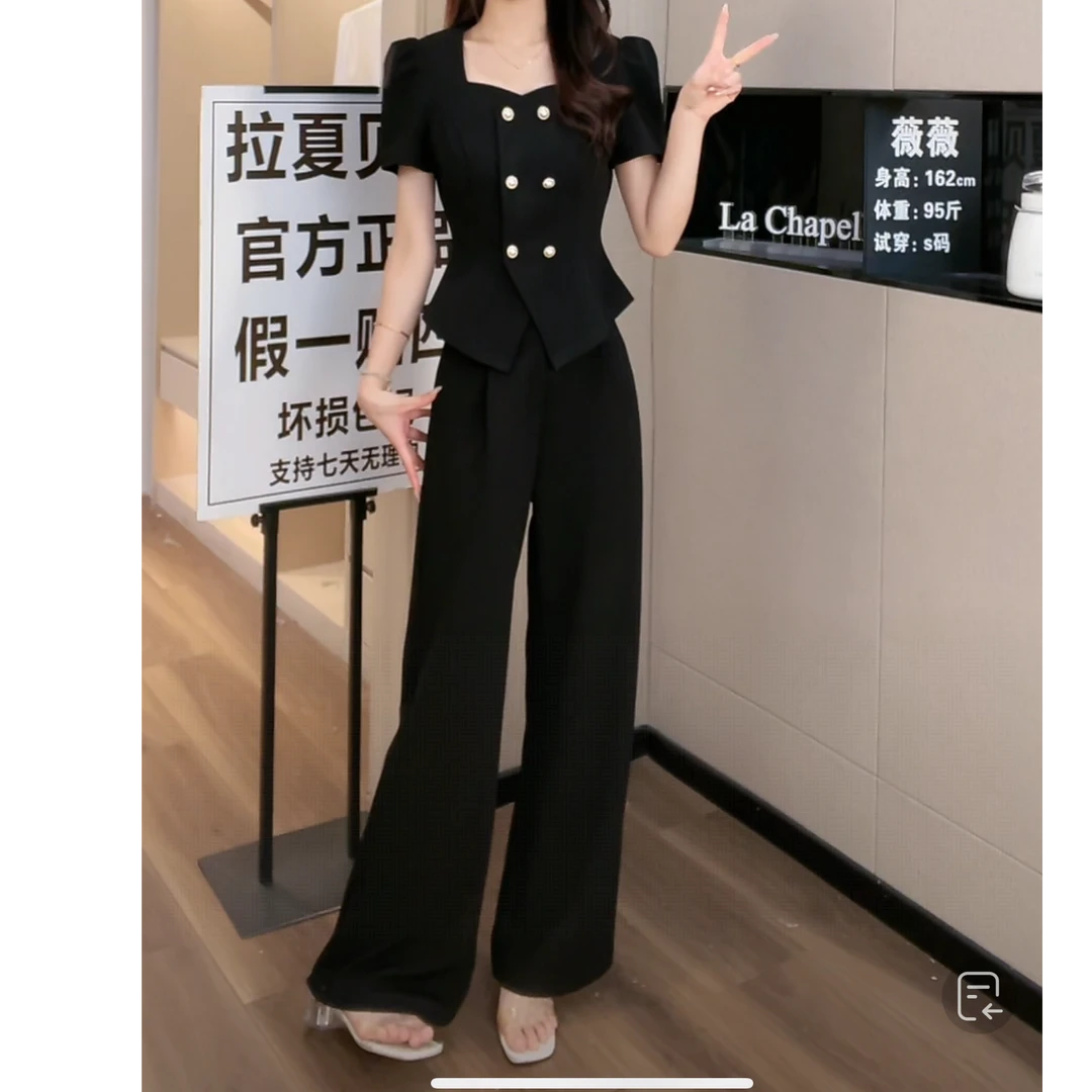 拉夏贝尔/【墨韵双生】25夏季千金贵气通勤短袖上衣+裤子 10355 LSC