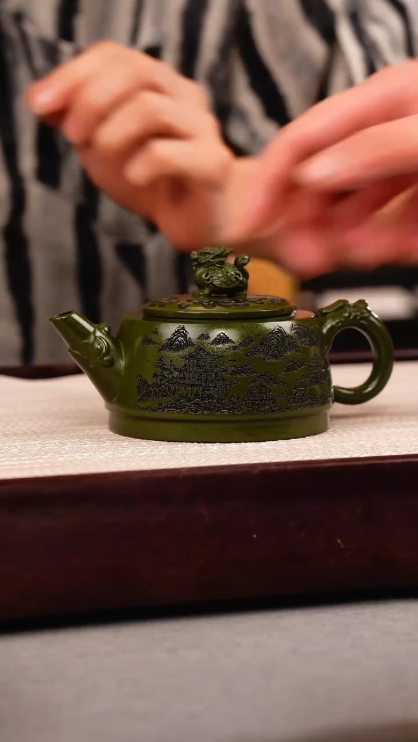 茶壶紫砂绿泥 龙龟 刻绘