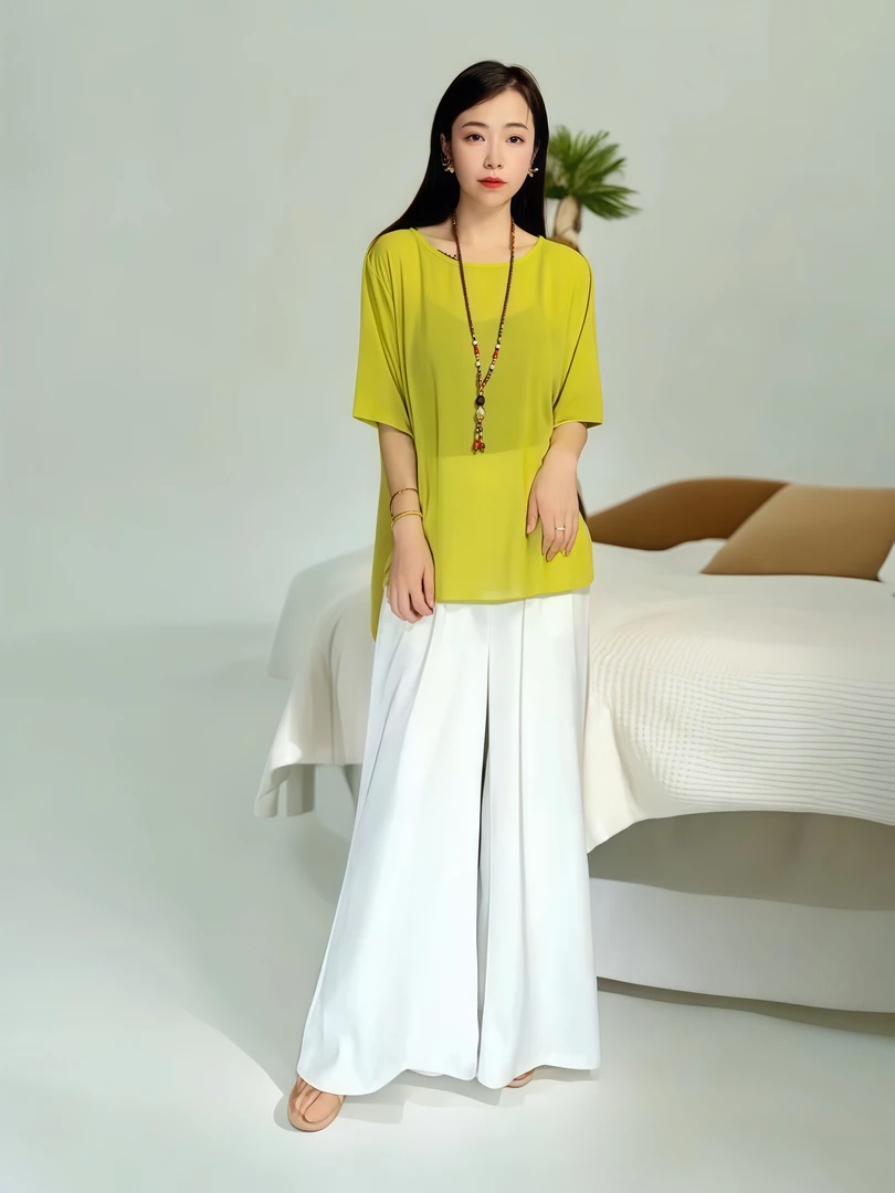 时尚气质宽松百搭休闲宽松优雅飘逸轻奢上衣5091（芥末绿）