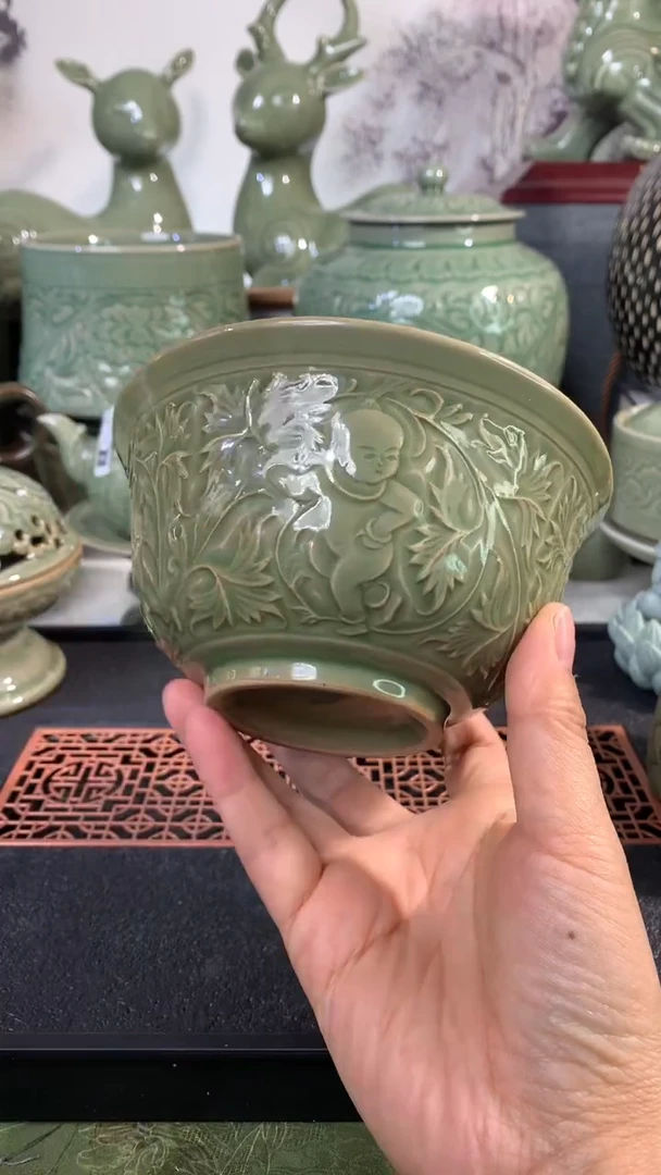 现代耀州窑微瑕小失圆婴戏福娃小碗14CM口径4只