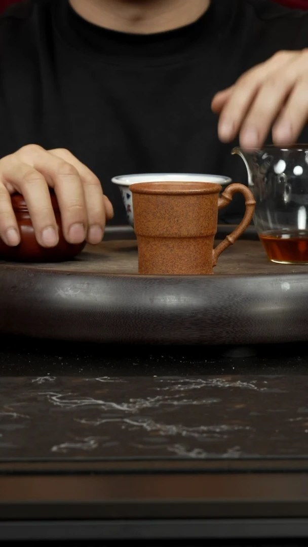 茶杯紫砂 柴烧竹节把杯