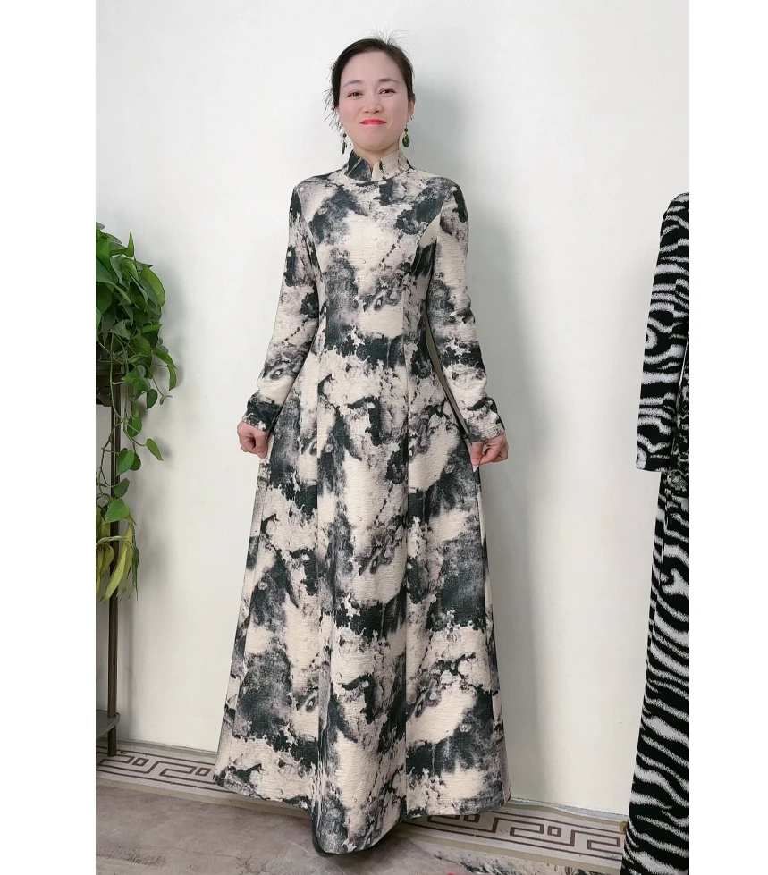 水墨山水黑复古气质显瘦春秋修身中国风旗袍裙