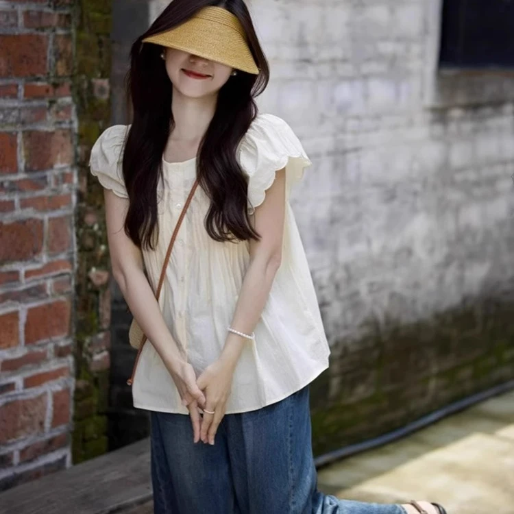 法式小飞袖正肩短袖衬衫女夏季宽松显瘦减龄娃娃衫设计感小众上衣