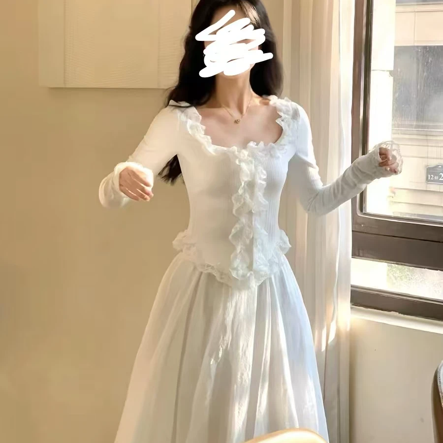 法式白色方领荷叶边蕾丝针织衫女秋季穿搭高级感掐腰绝美小上衣夏