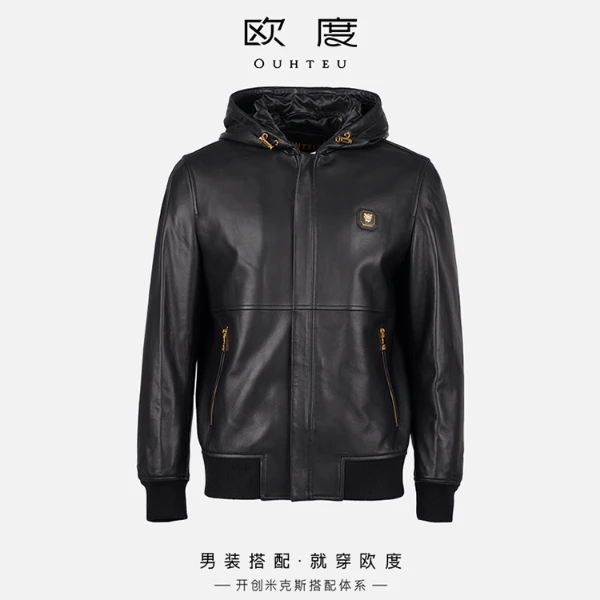 OUHTEU/欧度【绵羊皮】皮衣连帽虎啸生风真皮外套男士潮流黑色7644