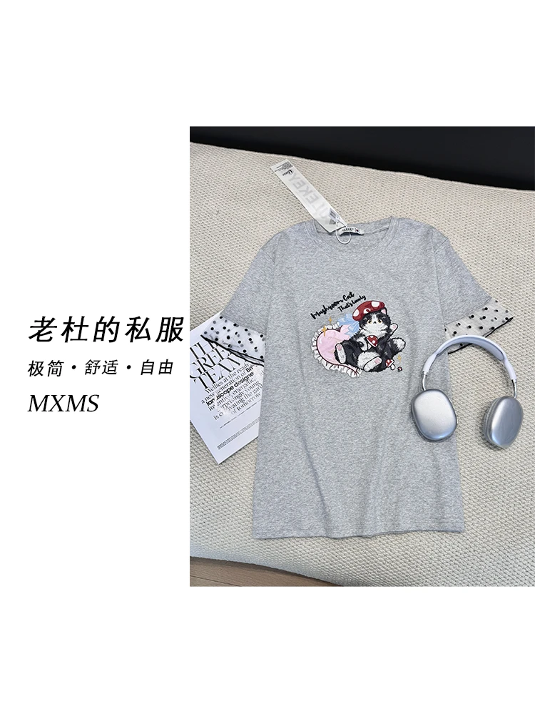 （杜思蒙服饰）25X5256 -“宝藏衣橱”韩系蕾丝波点慵懒猫运动休闲T恤