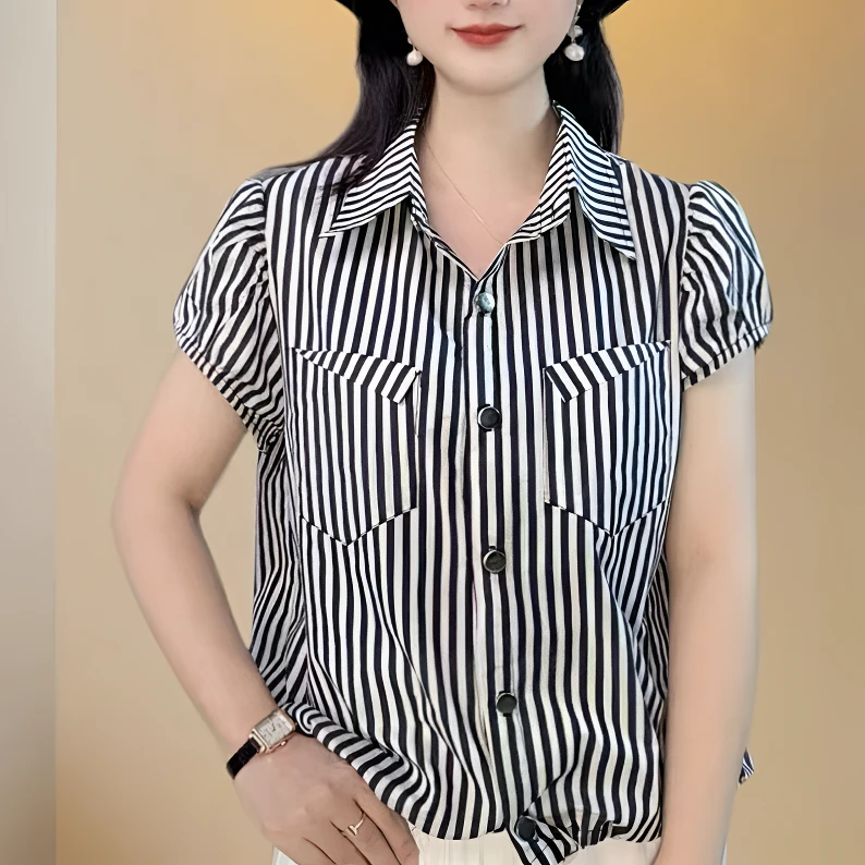 【玲子现货】952 森系条纹衬衫百搭衬衫上衣显瘦女玲子现货