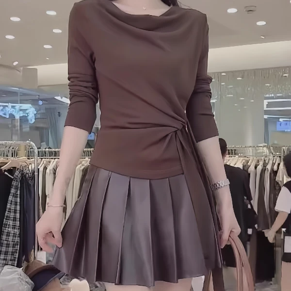 大码胖MM纯棉设计感荡领飘带长袖t恤女秋季收腰气质打底显瘦上衣