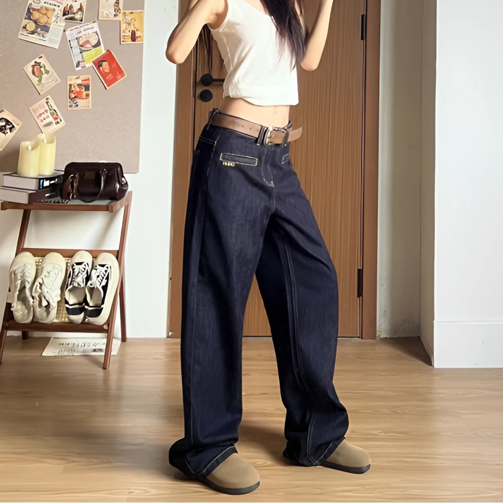 WANWAN美式复古黑蓝宽松显瘦阔腿直筒拖地遮肉阔腿宽松薄款休闲