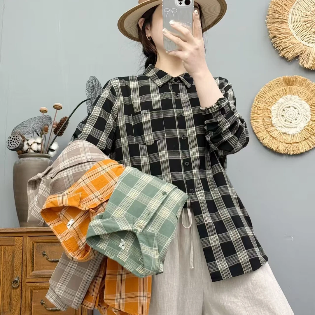 2025春季拼接吸汗格纹长袖衬衫外套宽松型ins薄款休闲格子衬衫