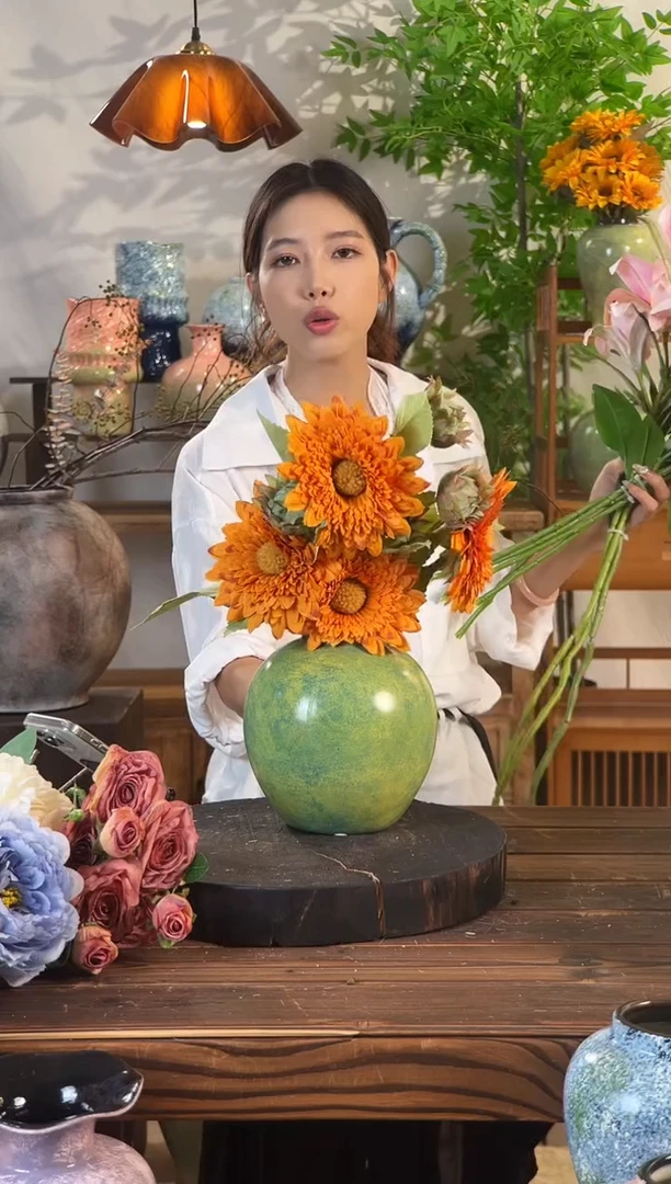 [绿野仙踪-小圆口瓶】复古绿色桌面陶瓷花瓶干花鲜花客厅插花瓶