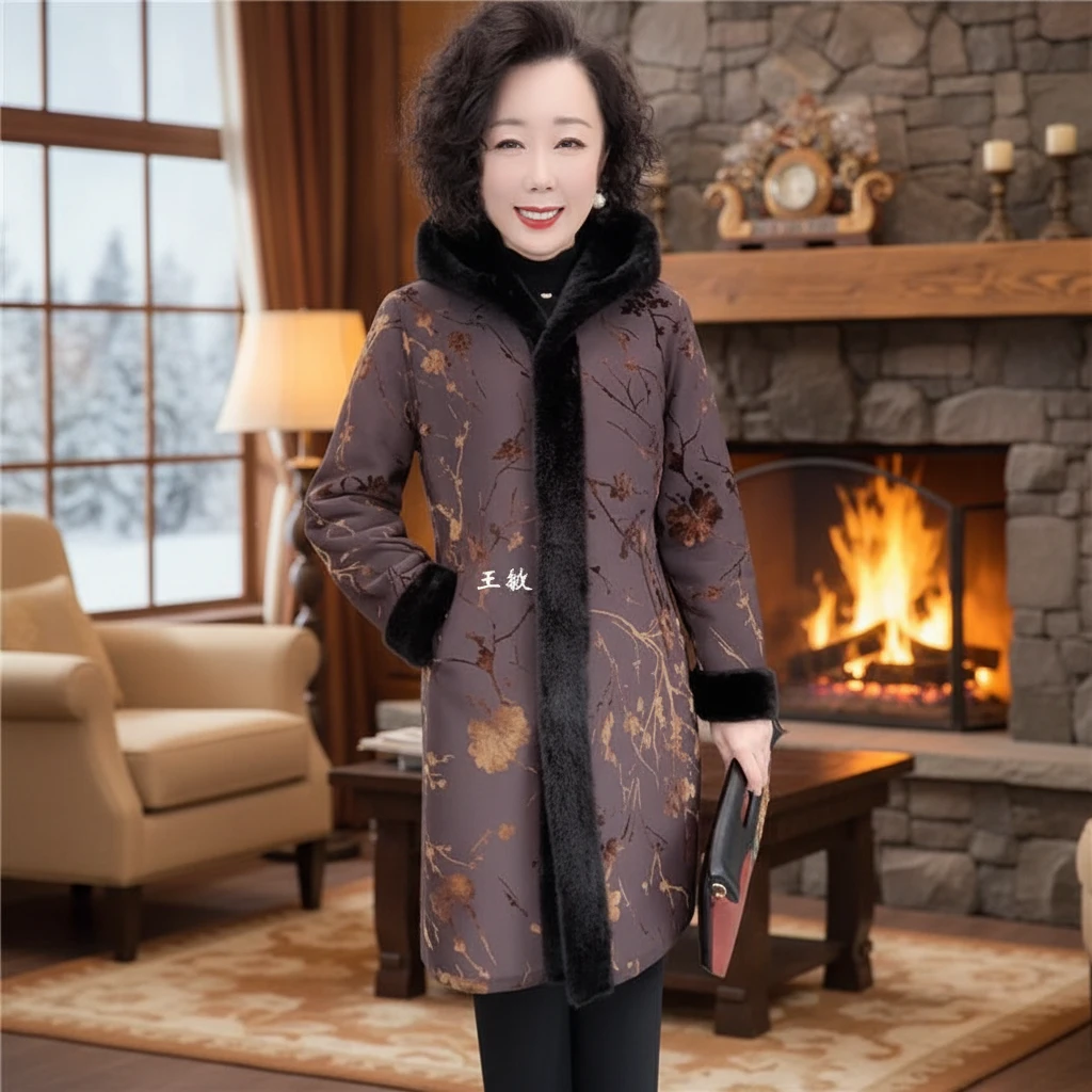 1202大衣连帽洋气绒加厚外套中长款风衣水貂提花国风时尚加绒冬季