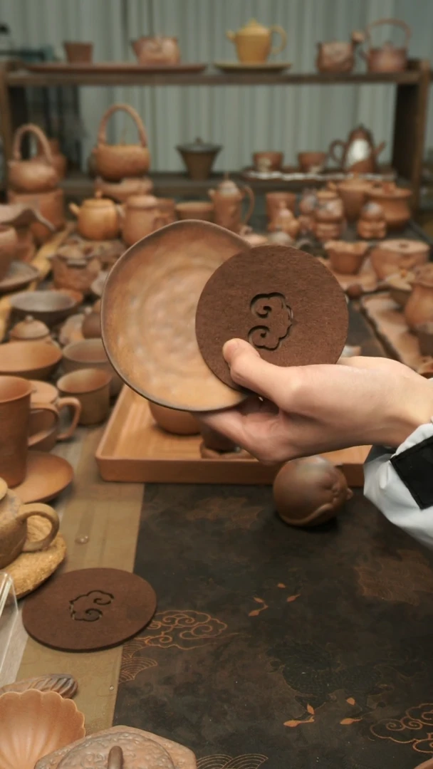 原矿老岩泥精工  手捏纹杯垫小壶承