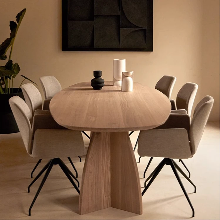 北欧原木色餐桌家用型侘寂风实木饭桌设计长方形台办公桌洽谈餐桌