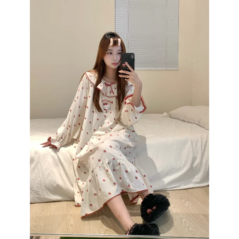 可爱公主风凯蒂印花长袖睡衣女春秋2025年新款中长款家居睡裙