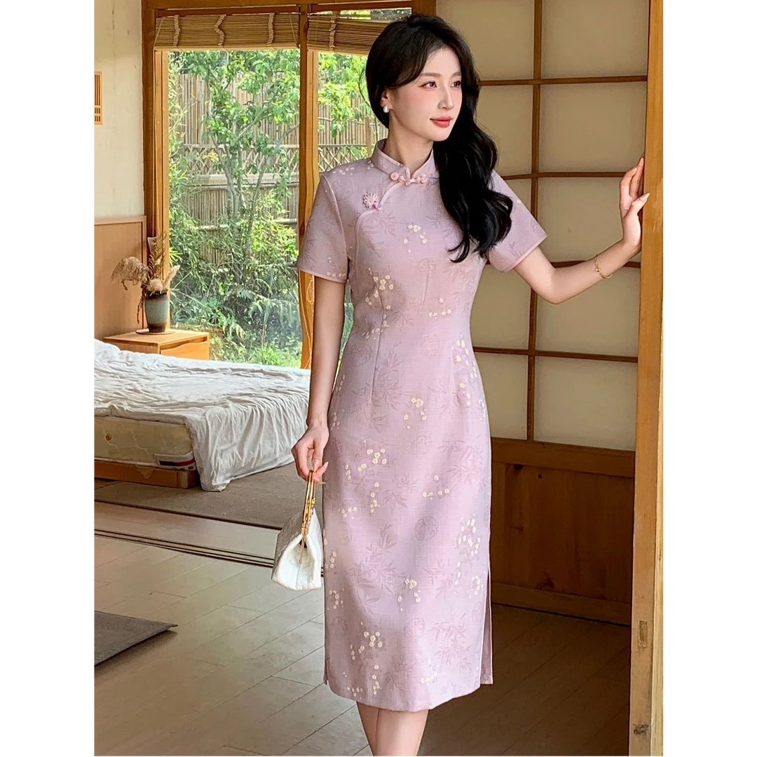 【钰姐精选】芷5996-显瘦气质中长款旗袍少女连衣裙复古修身中式