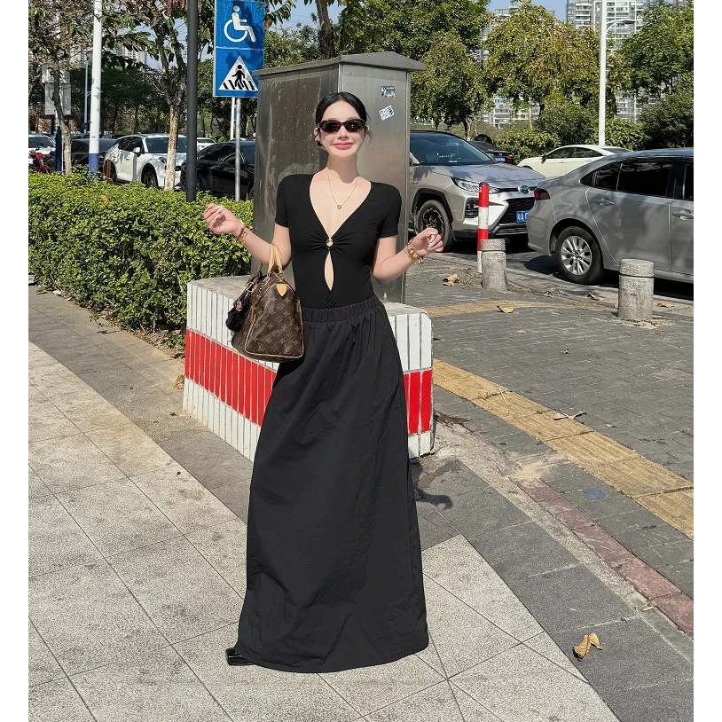 GetRich 韩版简约松紧腰半身裙女 高级感小众百搭慵懒感显瘦长裙