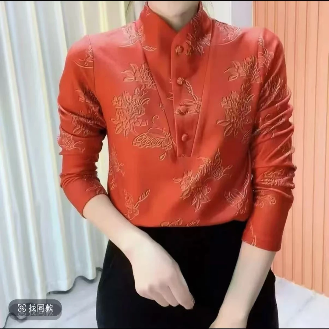 2024冬季新款立领印花气质百搭时尚长袖遮肉打底上衣