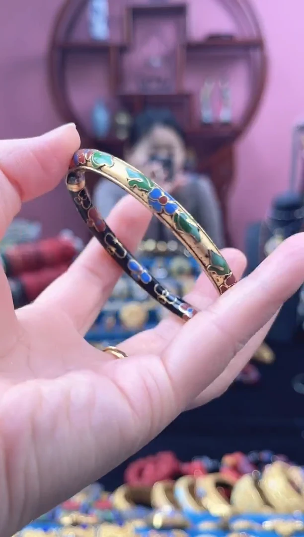 非遗 景泰蓝 金地手镯 黑色 开口镯 52-62