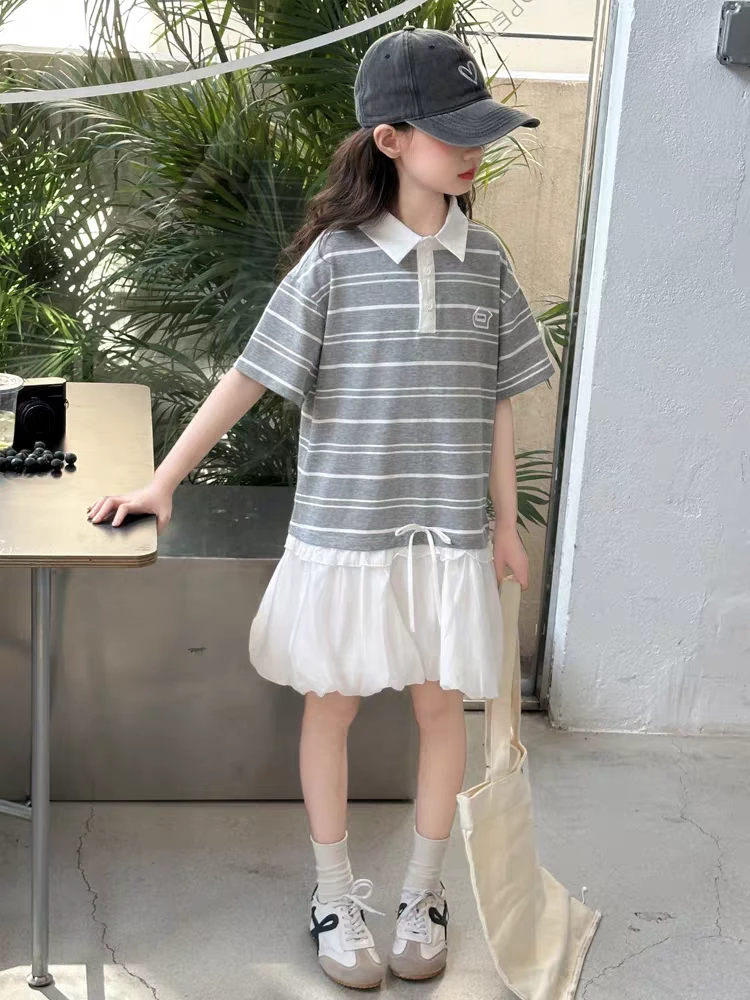 女童学院风高级感条纹POLO公主裙25夏季时髦中大童甜美连衣裙3723