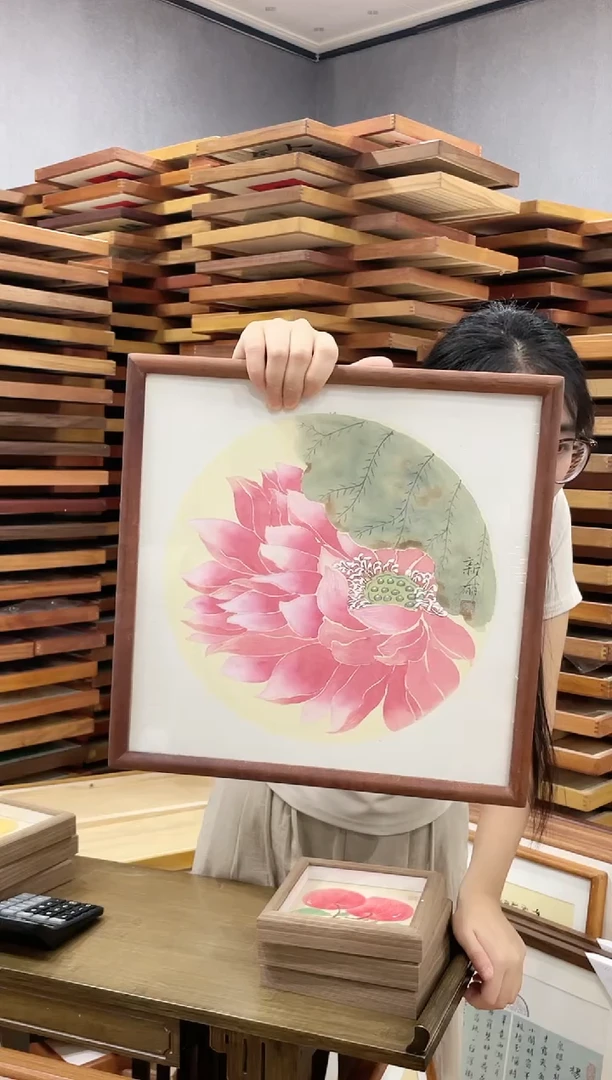 国画手写手绘带框作品-36*36-荷花