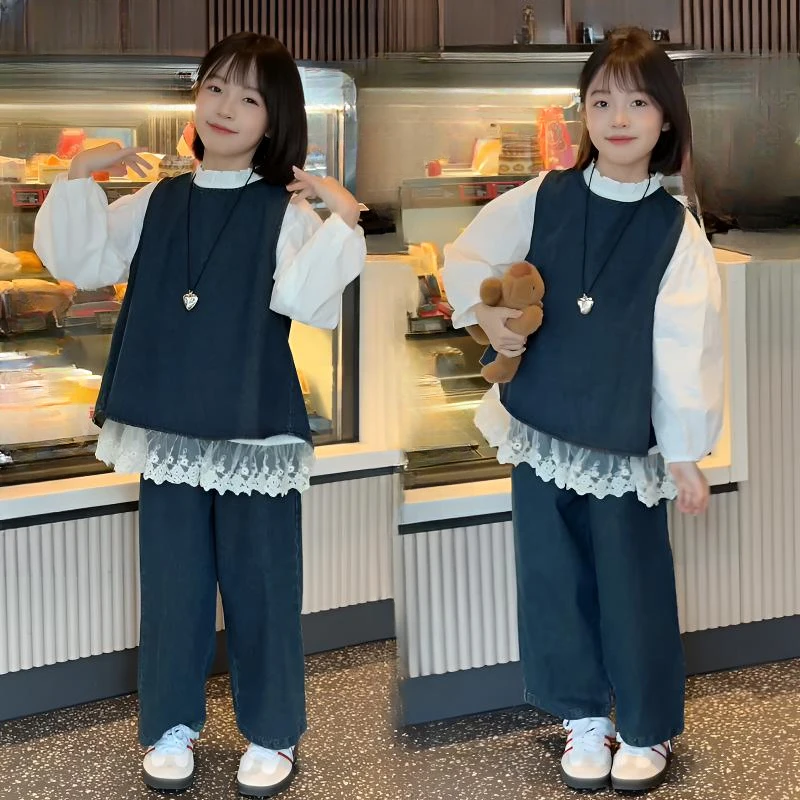 女童套装2025春季新款儿童韩版马甲三件套中大童洋气打底衬衫裤子