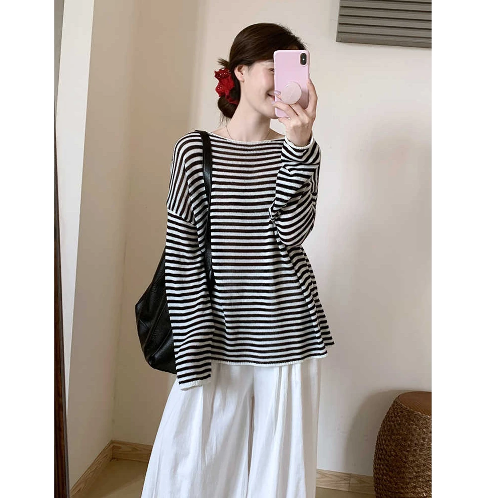 韩系松弛感条纹针织防晒衫女宽松显瘦夏中长款遮臀气质一字领罩衫