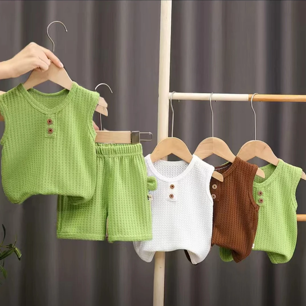 儿童宽肩夏季套装2025新款网眼透气洋气背心宝宝无袖运动薄款夏装