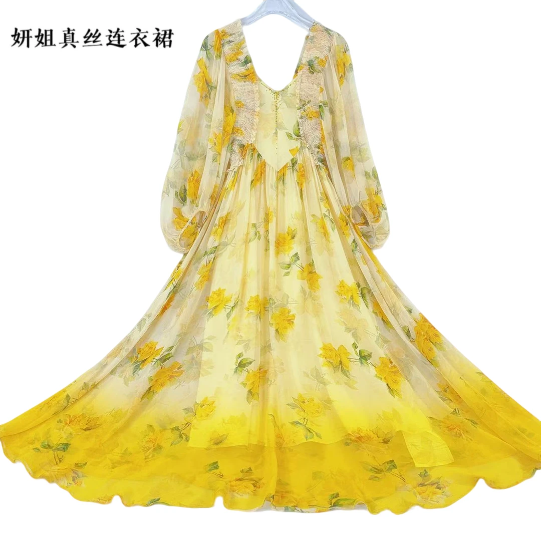 【向阳花神】妍姐2025夏V领修身长裙走秀真丝连衣裙 黄花色 25S8008