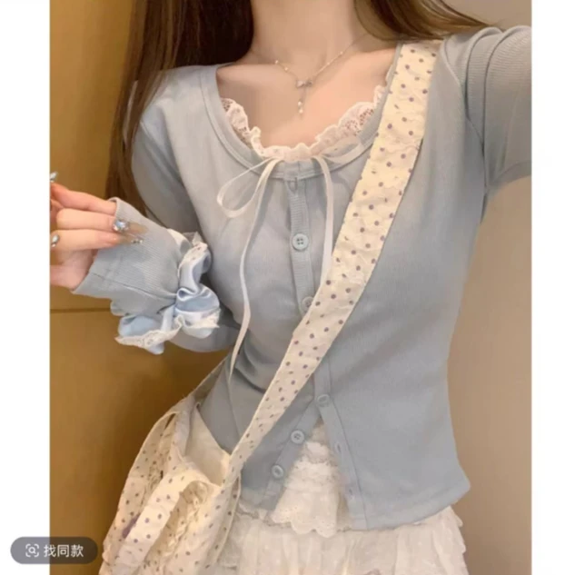 韩版纯欲蕾丝拼色单排扣假两件长袖打底衫T恤上衣女