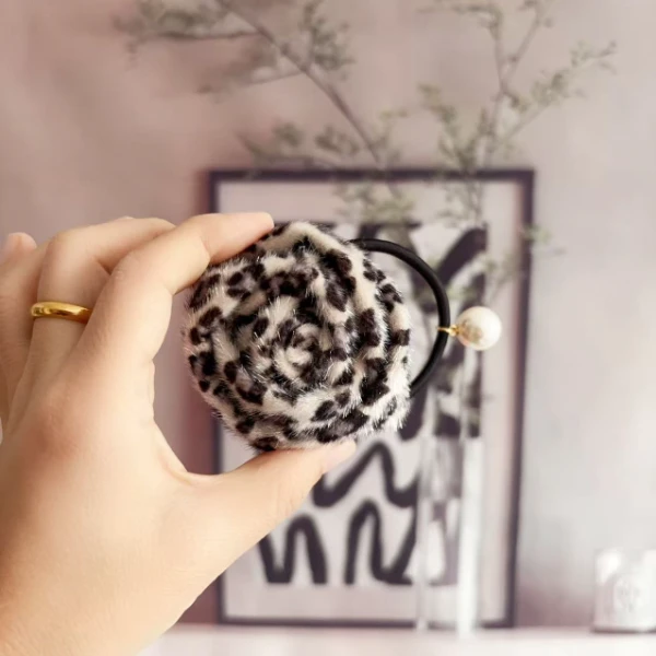 韩国时尚甜美豹纹玫瑰花珠珠气质发绳A24