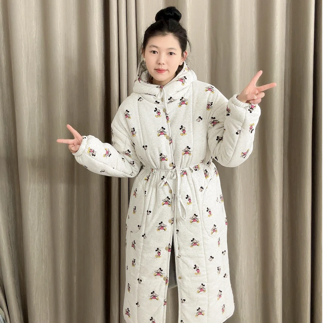 【奶灰米奇】抽绳大长款新疆棉花衣宽松家居服女保暖棉衣棉服
