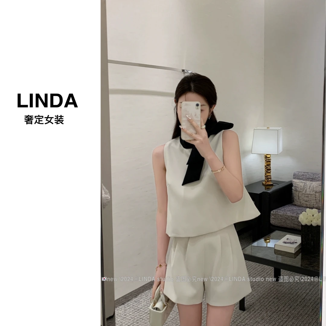 〖极简主义〗蝴蝶结领撞色千金风上衣➕短裤 两件套