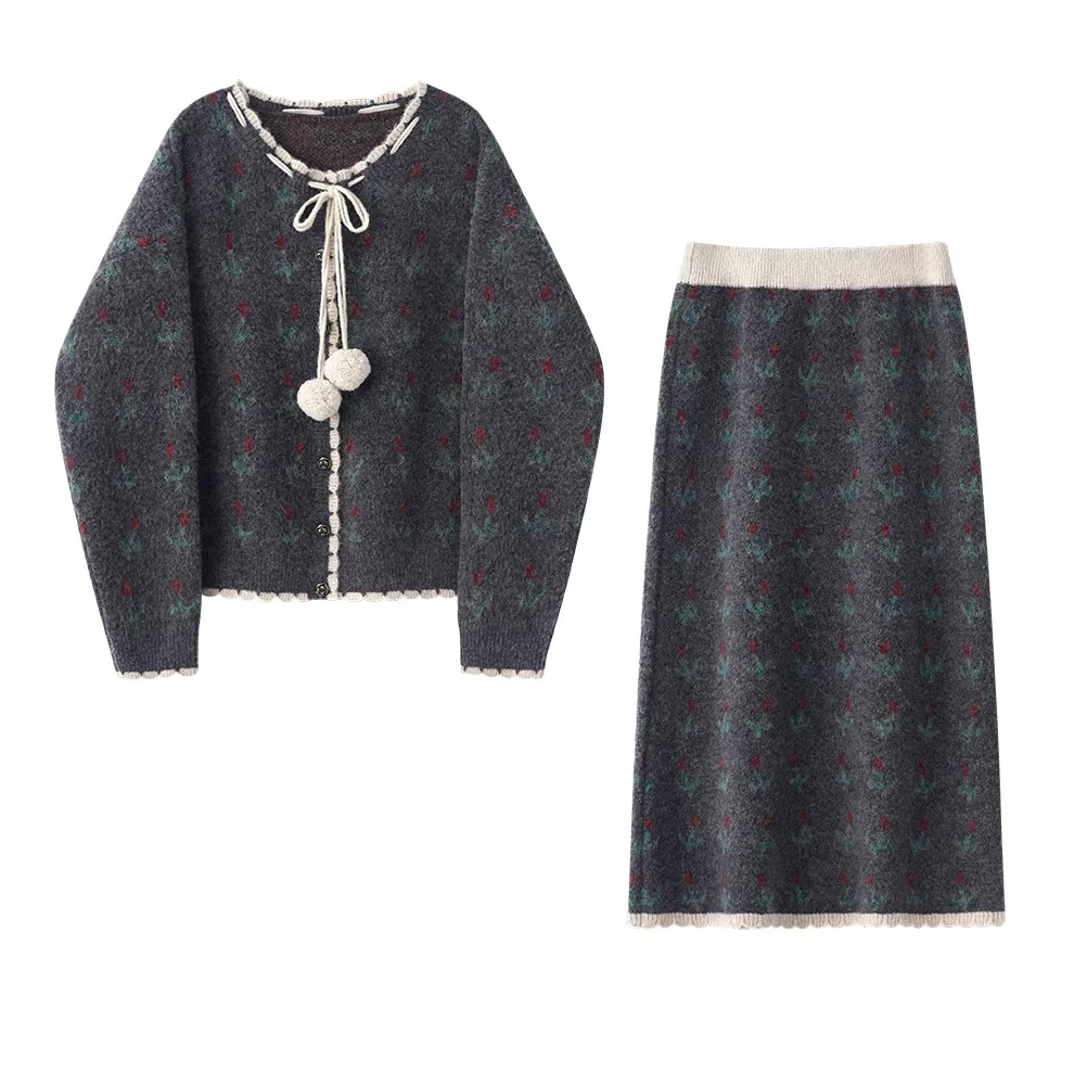 复古花边系带针织开衫+半身长裙   LAW53042 045T