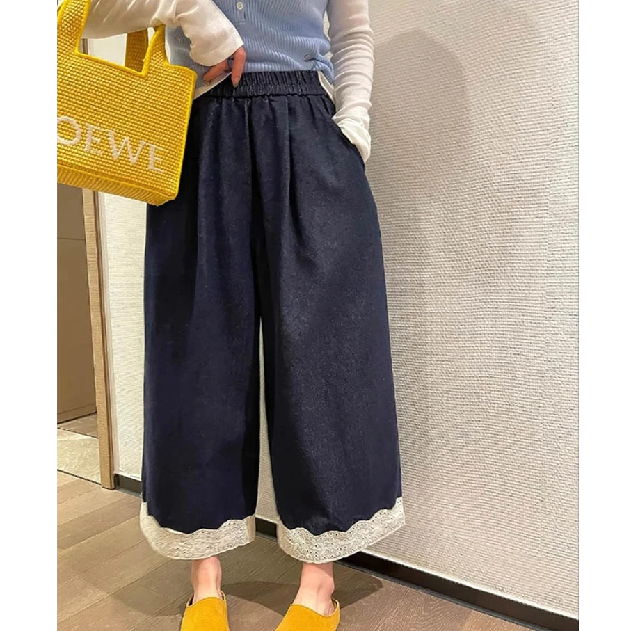 蕾丝花边拼接阔腿裤女复古百搭松紧腰显瘦设计感九分裤宽边牛仔裤