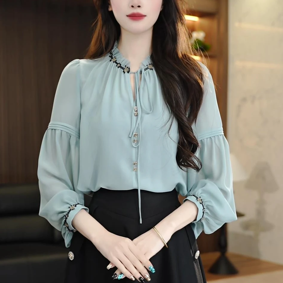 K250092-衬衫女长袖春季新款时尚减龄高端显瘦上衣女套头系带款