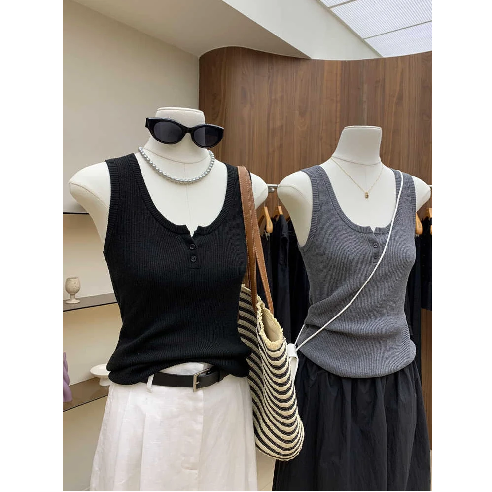夏季时尚U领针织无袖背心女外穿清爽舒适吊带百搭薄款打底衫显瘦