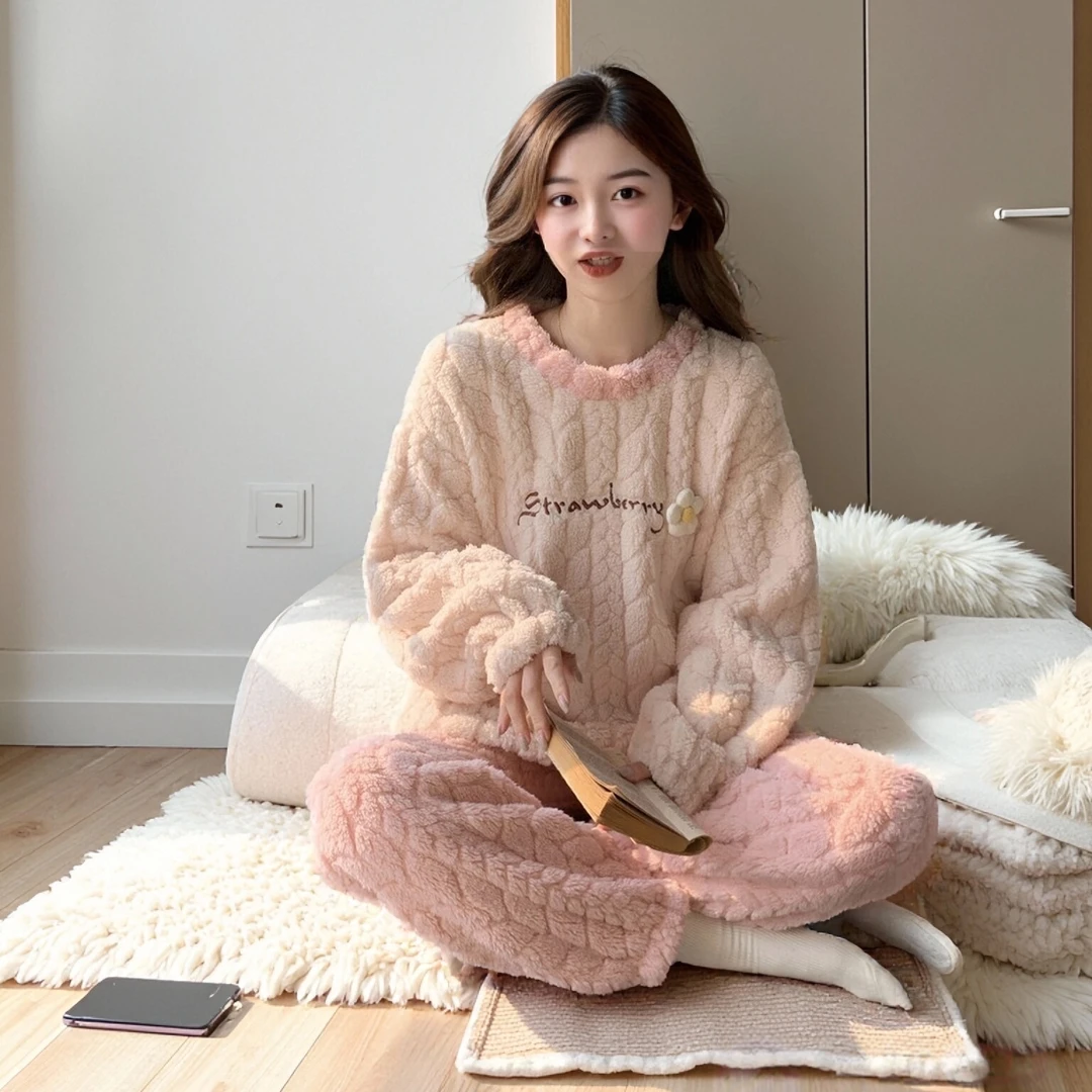 家居服套装女冬加厚加绒羽绒睡衣套装冬款宽松毛绒