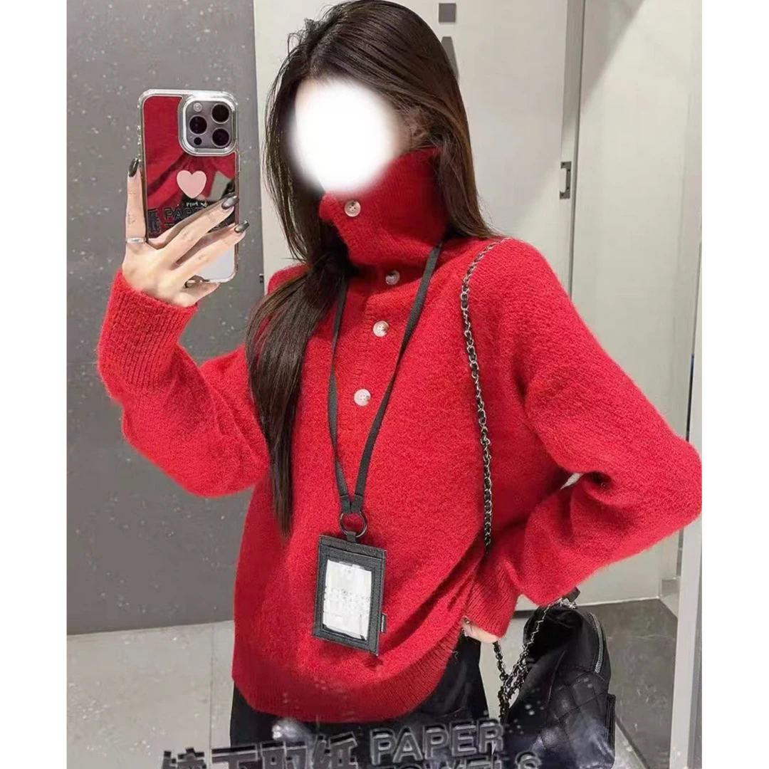 胖鹅张~慵懒风高领纽扣可翻领针织上衣#8823