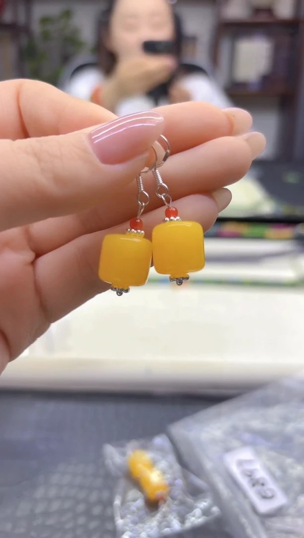 蜜蜡银S925镶嵌耳饰DIY款E897