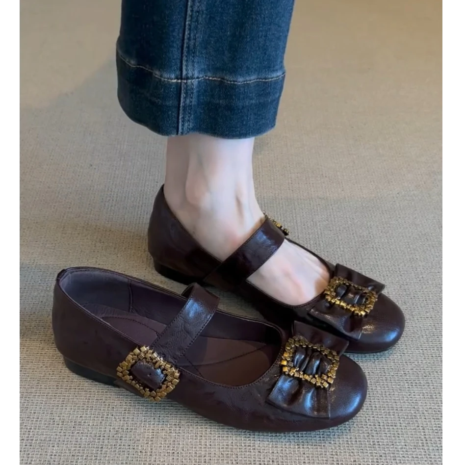 羊皮版~复古金属一字扣浅口玛丽珍鞋女百搭黑色真皮圆头平底单鞋