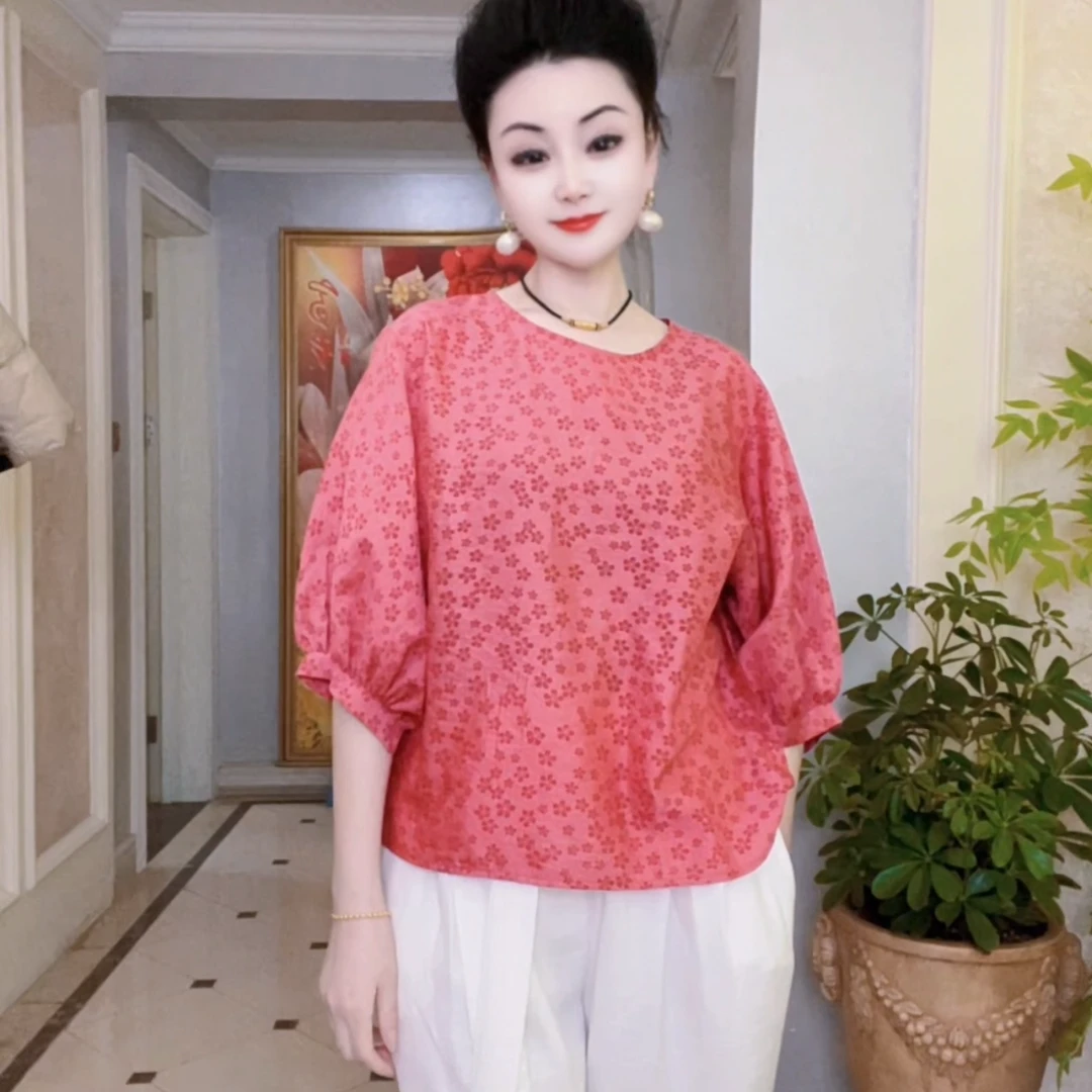 大歌服饰] 短款棉麻印花圆领小衫