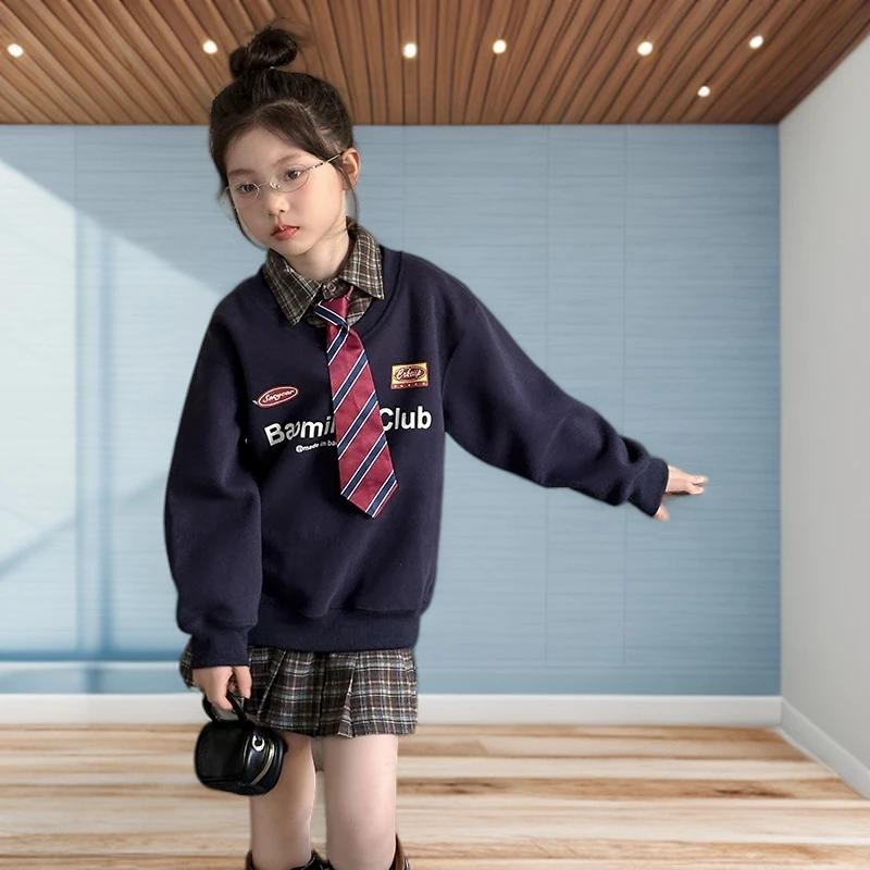 女童春秋款学院风POLO衫卫衣套装2025新款女孩中大童格子裙两件套