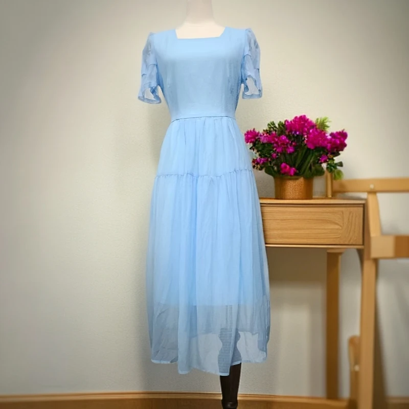 夏季时尚方领温柔蓝色连衣裙F088